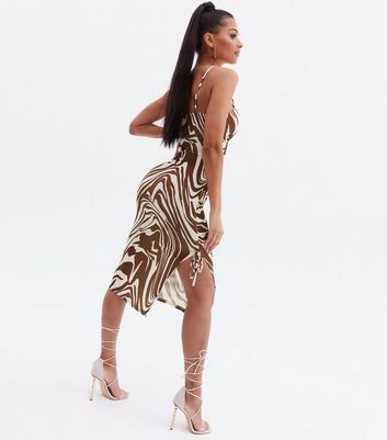 Brown Animal Print Strappy Ruched V Neck Midi Dress New Look