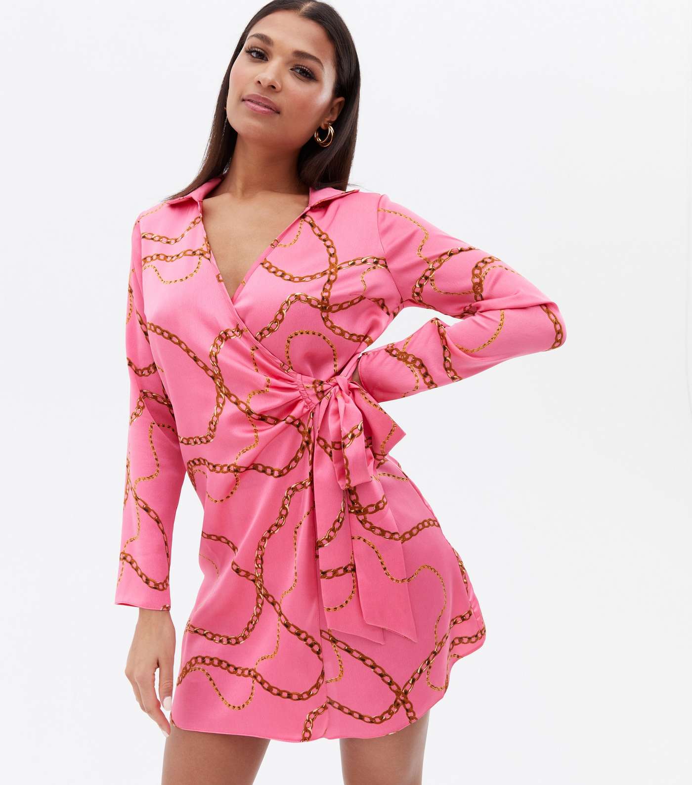 Pink Chain Satin Collared Mini Wrap Dress