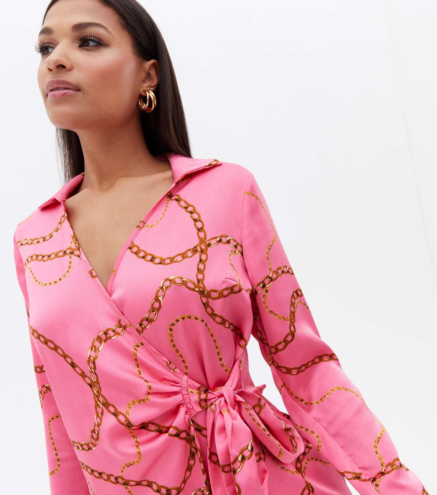 Pink Chain Satin Collared Mini Wrap Dress Image 3