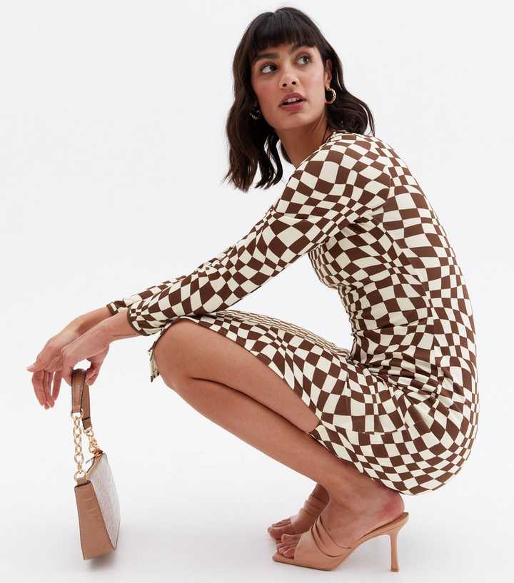 Brown Checkerboard Split Hem Midi Dress