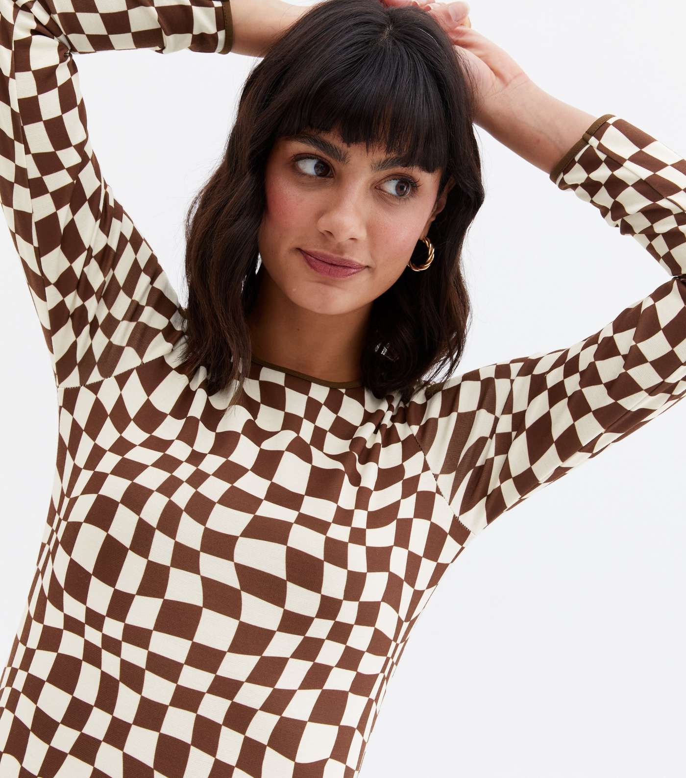 Brown Checkerboard Split Hem Midi Dress Image 3