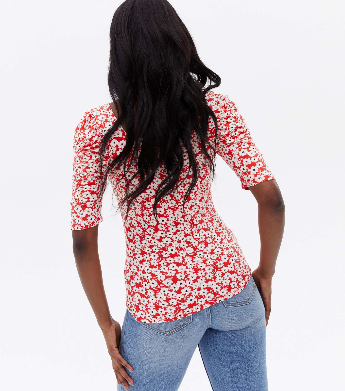 Red Floral Jersey Square Neck Puff Sleeve Top Image 4