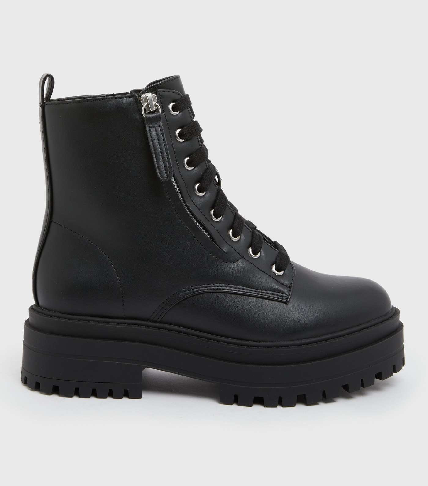 Black Leather-Look Zip Side Lace Up Chunky Boots