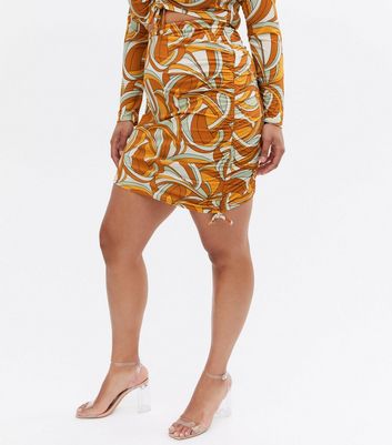 Curves Orange Doodle Print Ruched Mini Skirt New Look