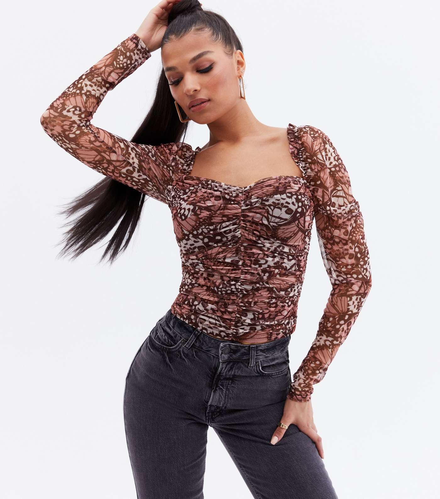 Pink Butterfly Shirred Mesh Long Sleeve Top