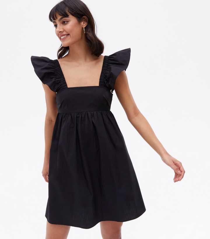 Black Poplin Tie Back Square Neck Mini Dress