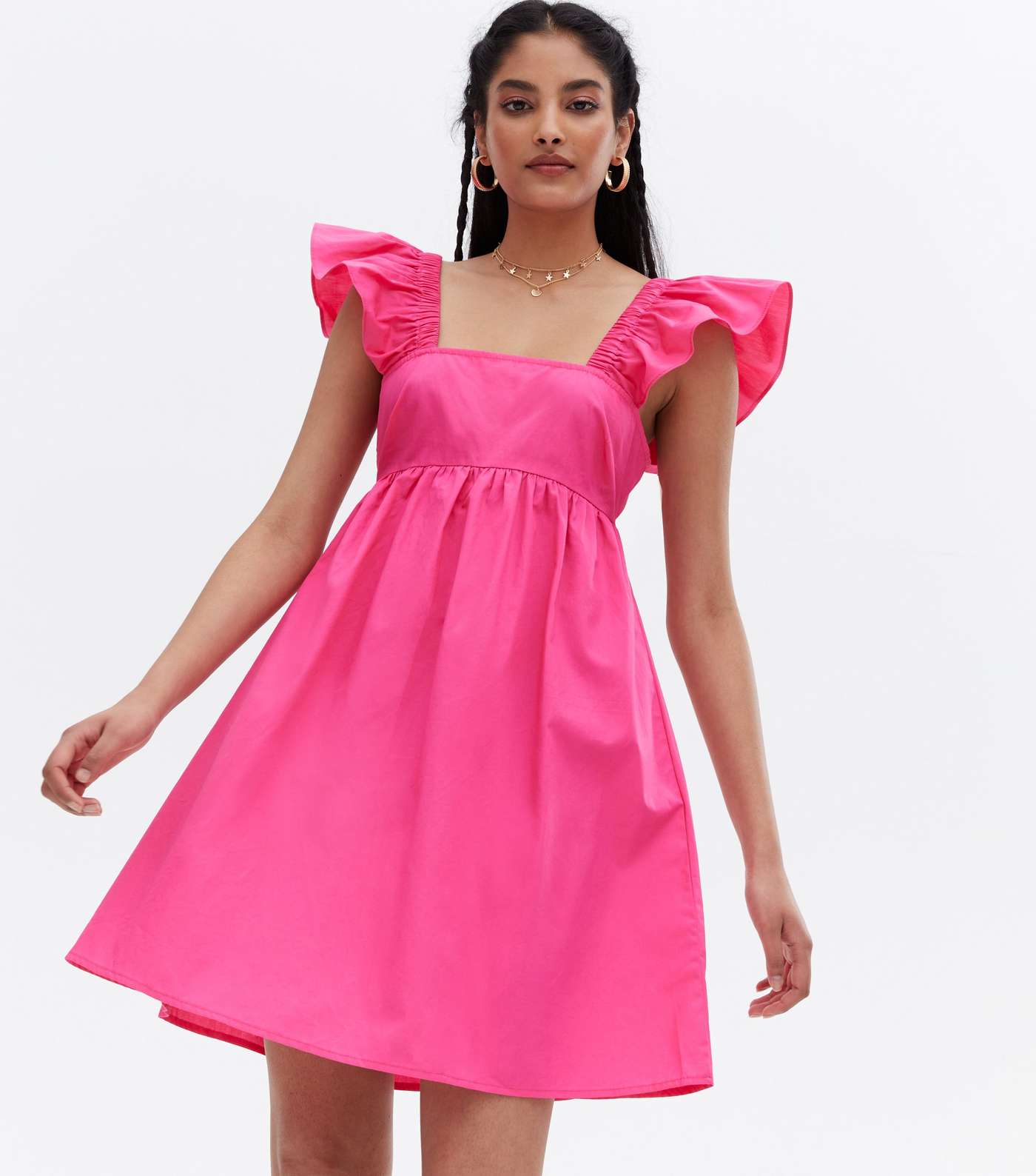Bright Pink Poplin Tie Back Square Neck Mini Dress