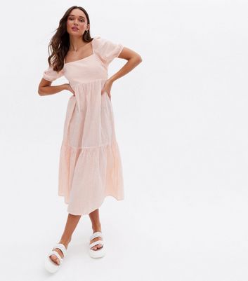 Orange Stripe Puff Sleeve Tie Back Midi Smock Dress