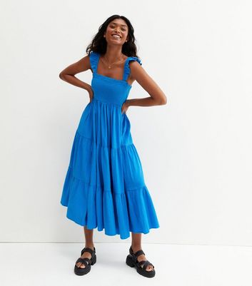 Blue Shirred Square Neck Tiered Frill Midi Dress | New Look