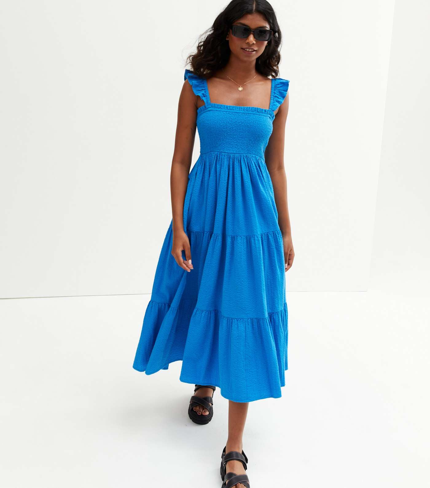 Blue Shirred Square Neck Tiered Frill Midi Dress Image 3