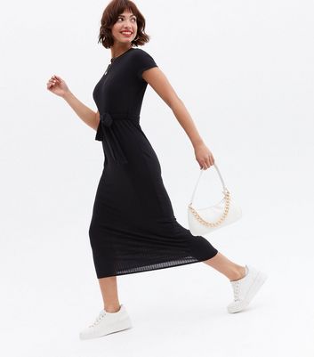 Black Ribbed Belted Midi Dress | New Look