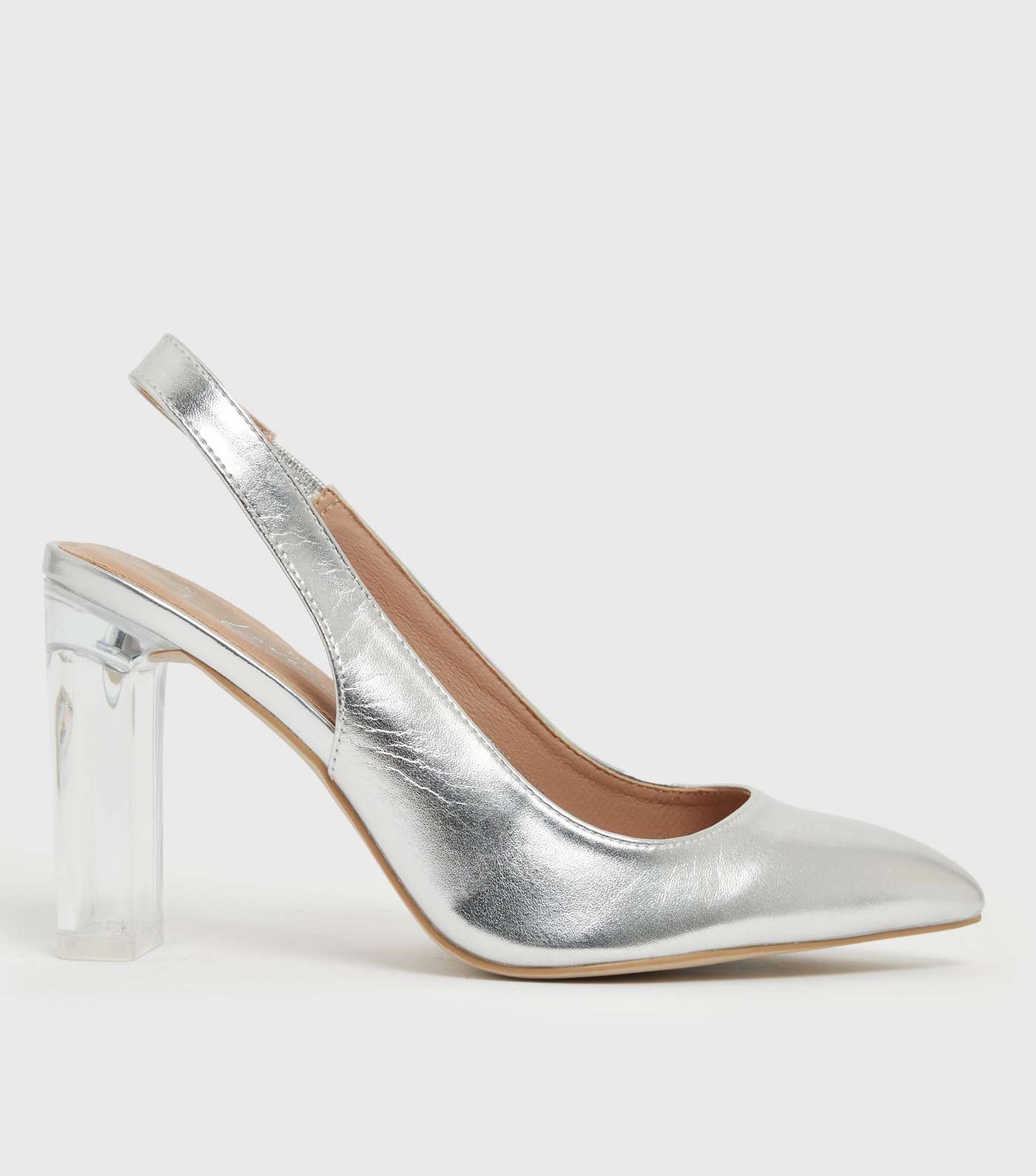 Wide Fit Silver Clear Block Heel Court Shoes