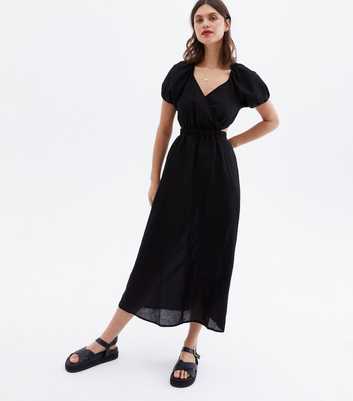 Black Linen-Look Cut Out Open Back Midi Dress