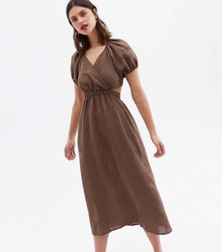 Brown Linen-Look Cut Out Open Back Midi Dress