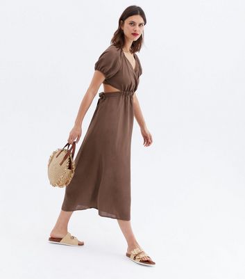 Brown Linen Look Cut Out Open Back Midi Dress New Look