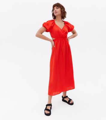 Red Linen-Look Cut Out Open Back Midi Dress