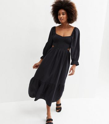 Black Shirred Cut Out Side Tiered Midi Dress