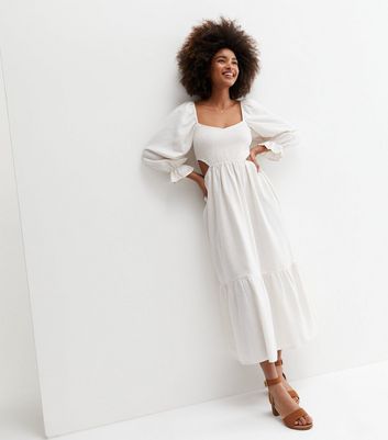 new look shirred midi dress in off white