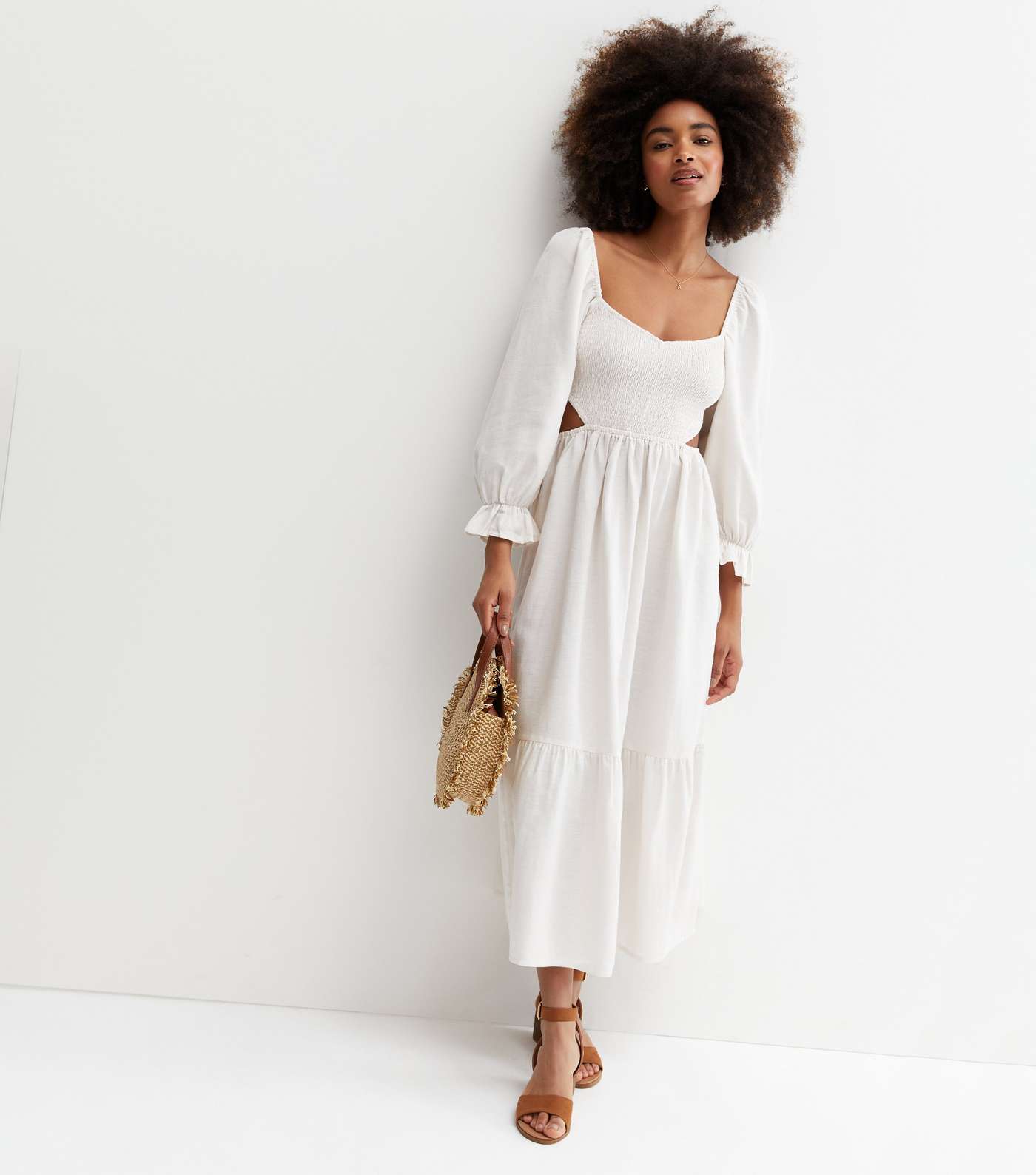 Cream Shirred Cut Out Side Tiered Midi Dress Image 3