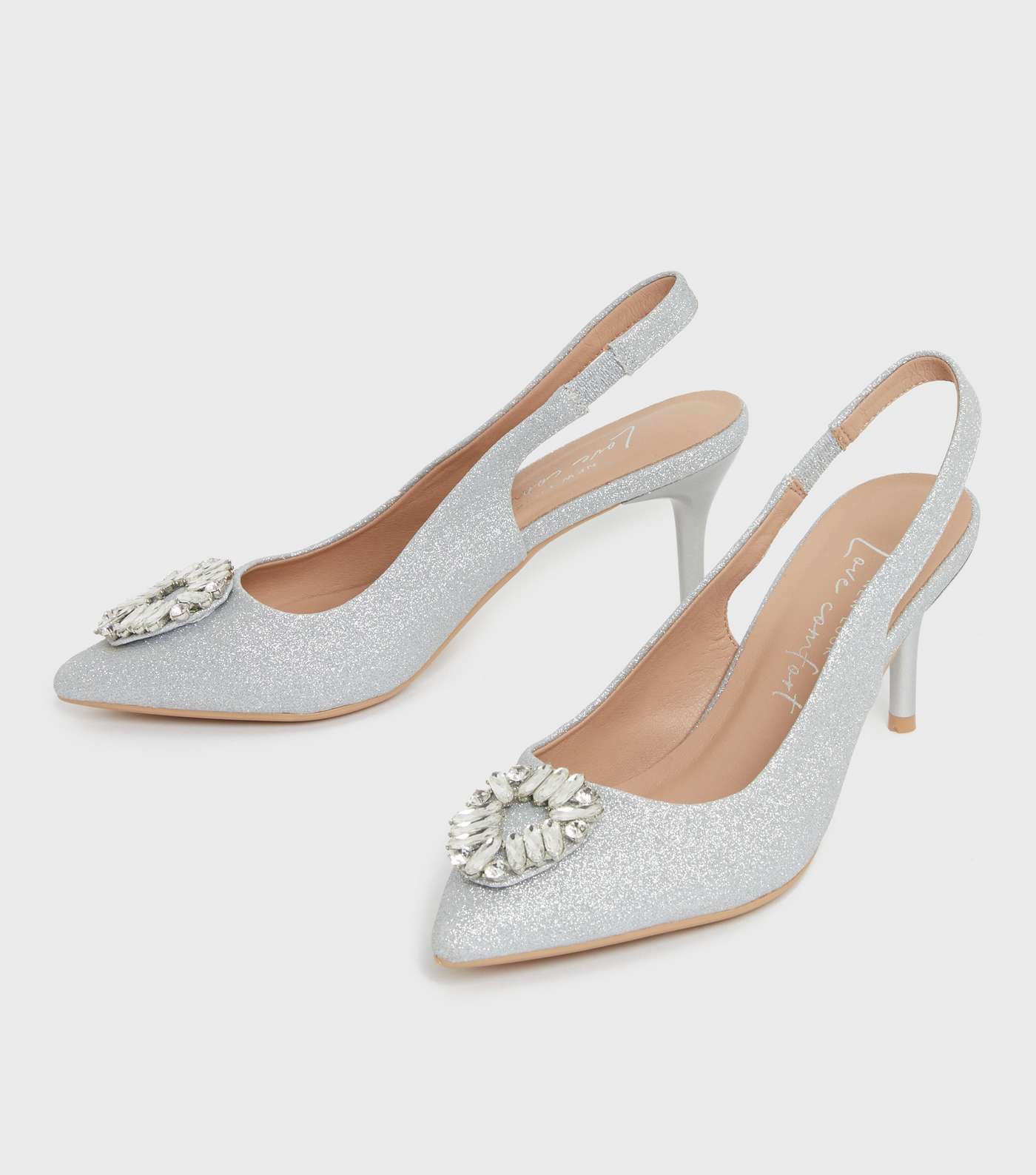 Silver Glitter Gem Embellished Stiletto Heel Court Shoes Image 3