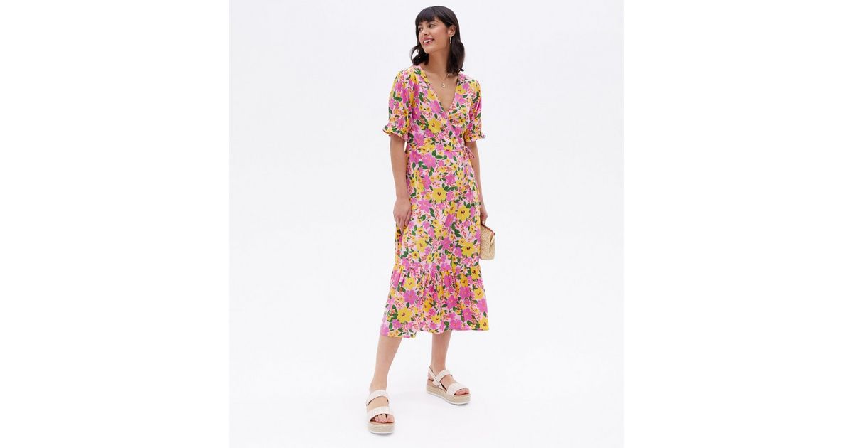 Pink Floral Crepe Open Back Midi Wrap Dress | New Look