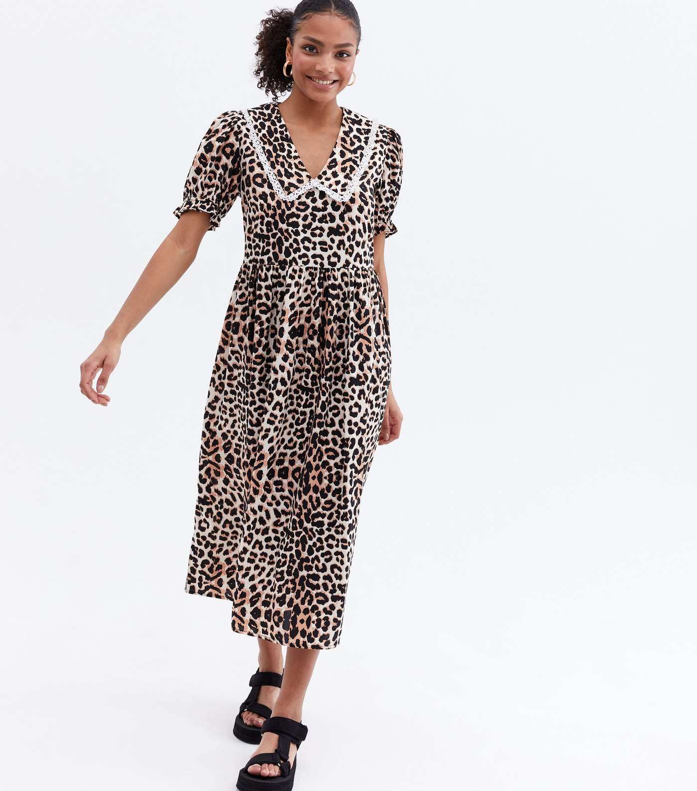 Brown Leopard Print Crepe Lace Collar Midi Smock Dress Image 2