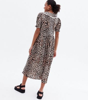 Damen Bekleidung Brown Leopard Print Crepe Lace Collar Midi Smock Dress
