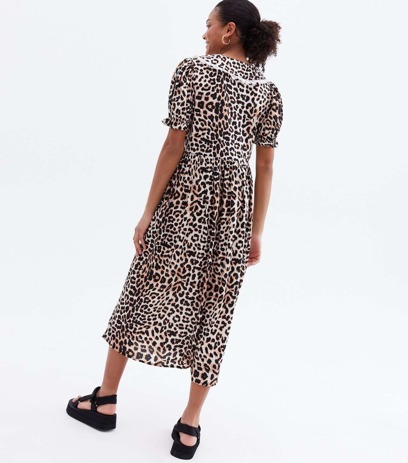 Brown Leopard Print Crepe Lace Collar Midi Smock Dress Image 4