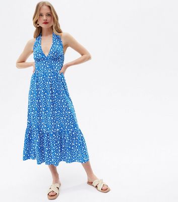 Blue Spot Tiered Midi Halter Dress