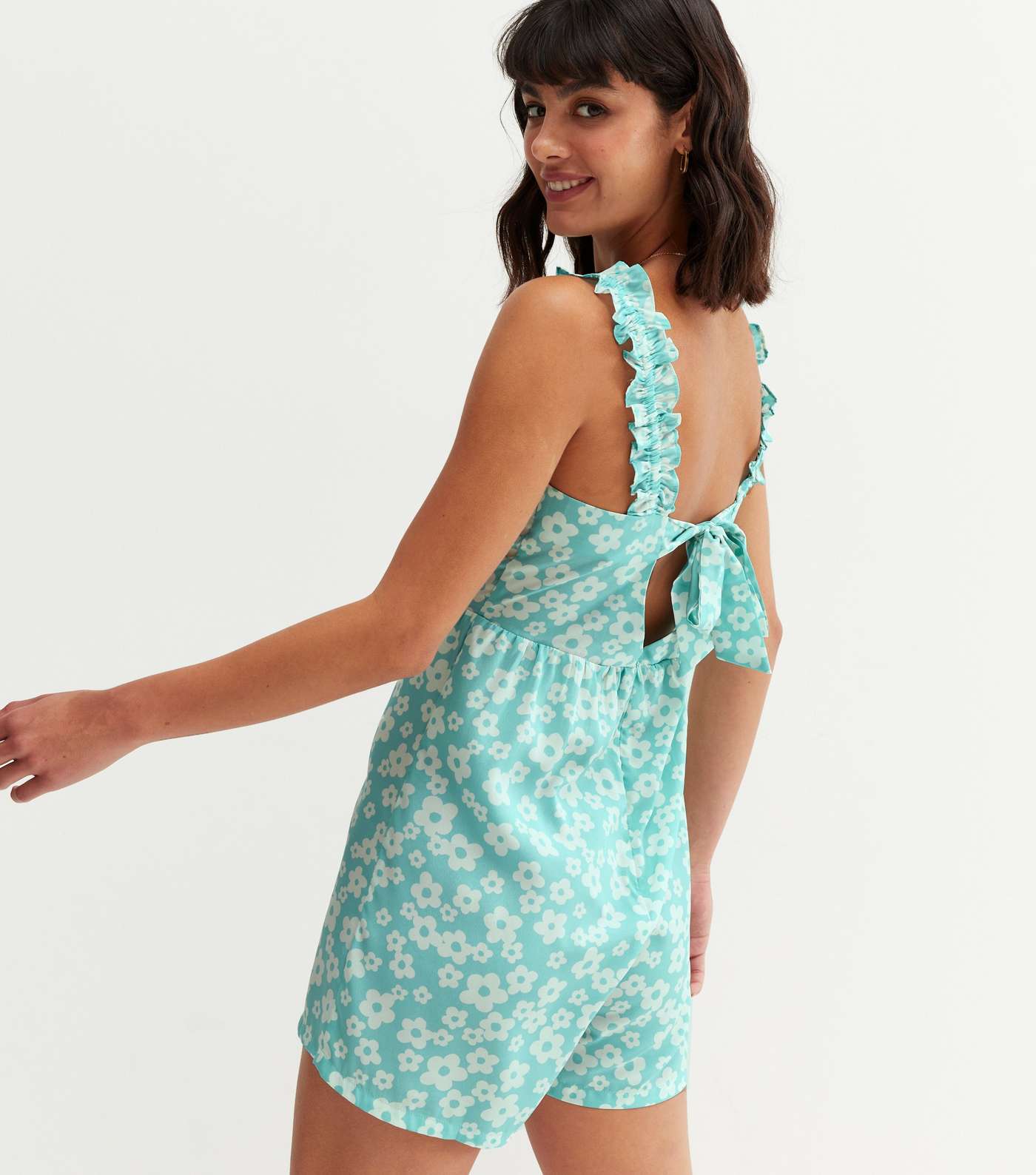 Blue Floral Frill Strappy Playsuit Image 4