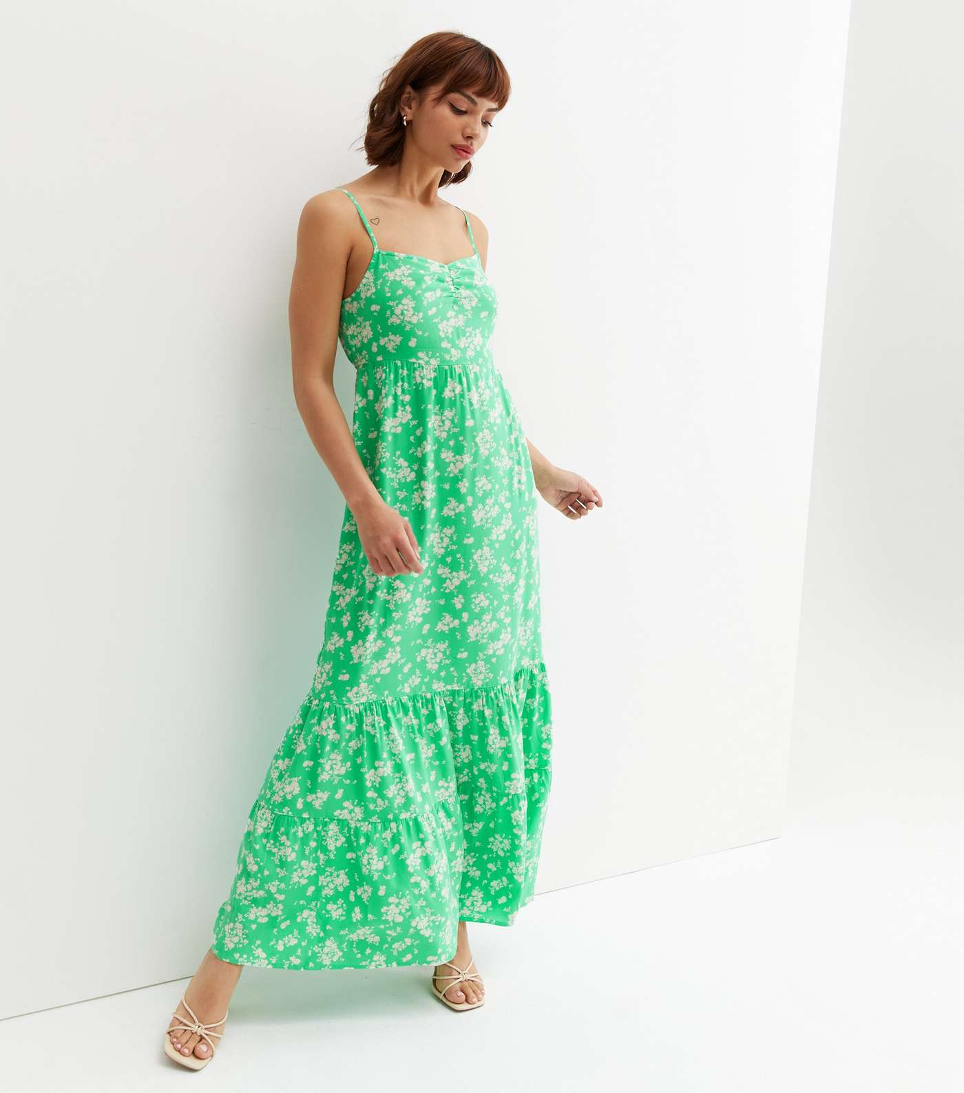 Green Floral Strappy Tiered Maxi Dress