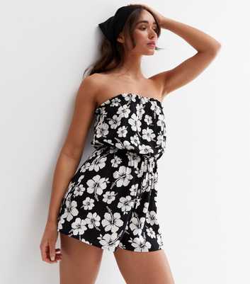 Black Floral Tie Waist Bandeau Playsuit