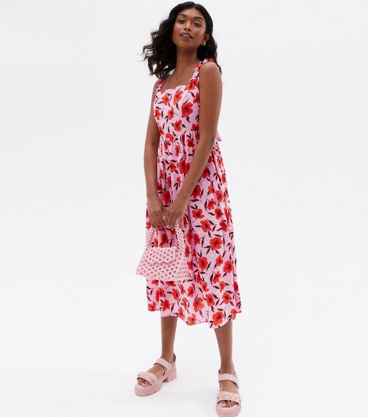 Invalid interior Less Red Floral Shirred Strap Midi Dress | New Look