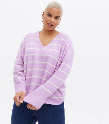 Vero Moda Curves Lilac Stripe V Neck Jumper | New Look