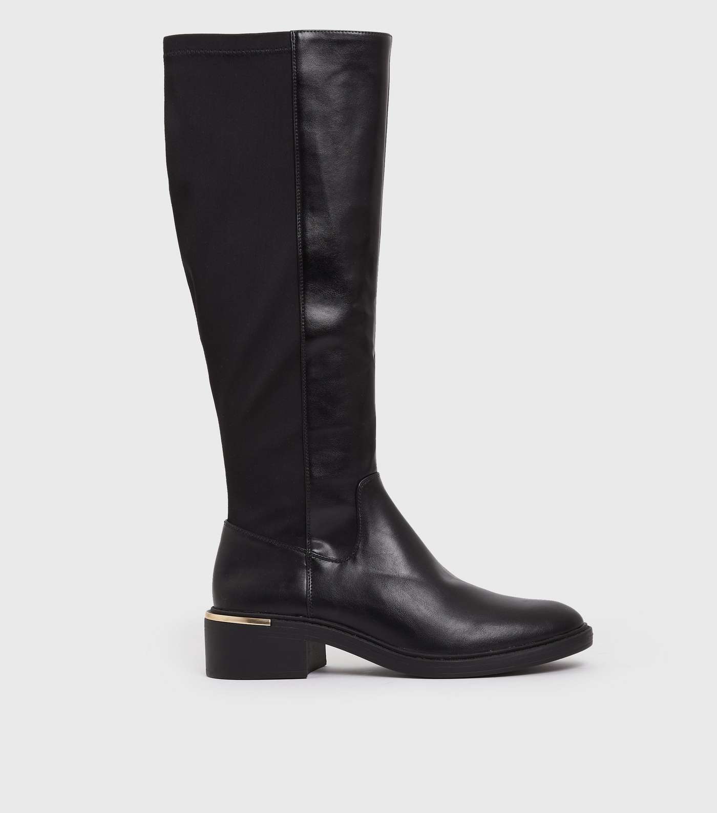Black Leather-Look Metal Trim Knee High Boots