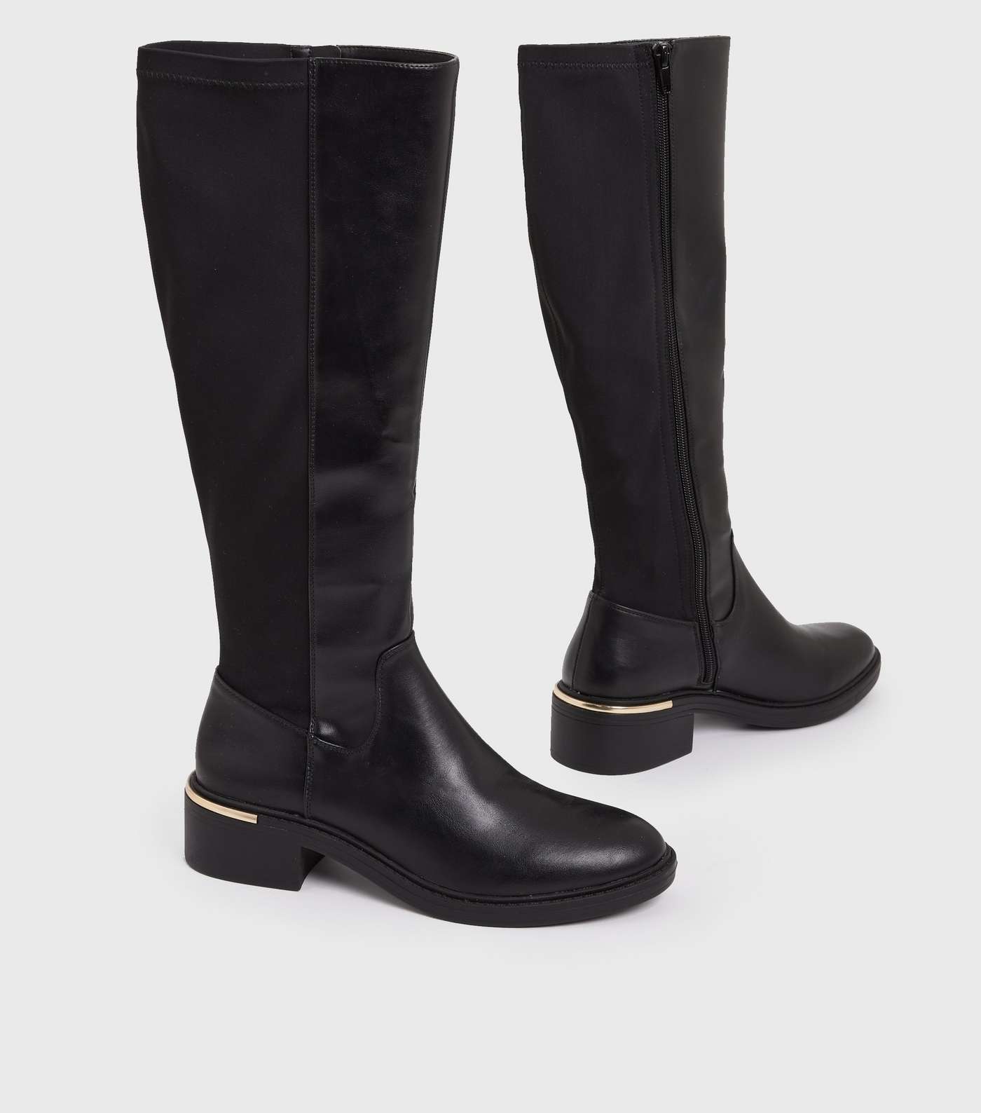 Black Leather-Look Metal Trim Knee High Boots Image 3
