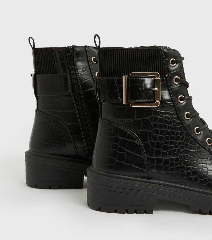 par deadlock bestøver Black Faux Croc Buckle Lace up Chunky Boots | New Look