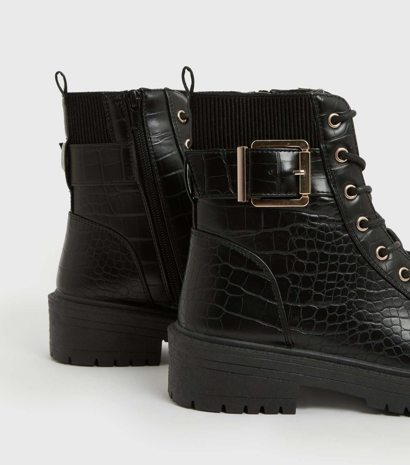 Black Faux Croc Buckle Lace up Chunky Boots Image 4
