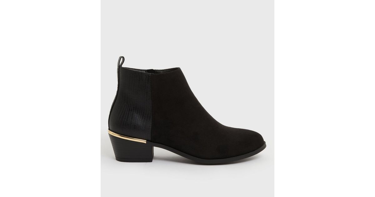 Black Suedette Faux Croc Panel Metal Trim Ankle Boots New Look