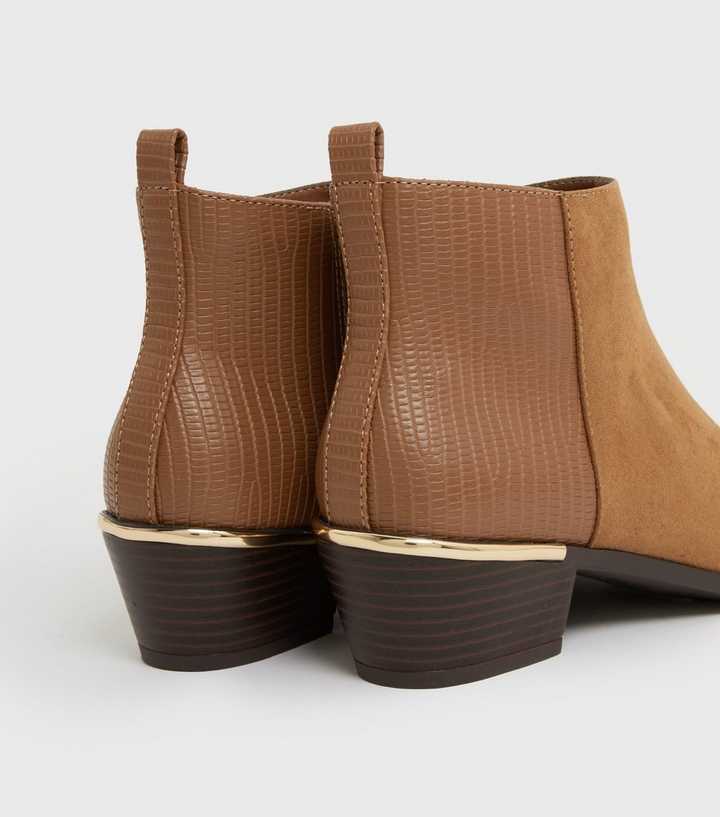 tan metal trim block heel ankle boots