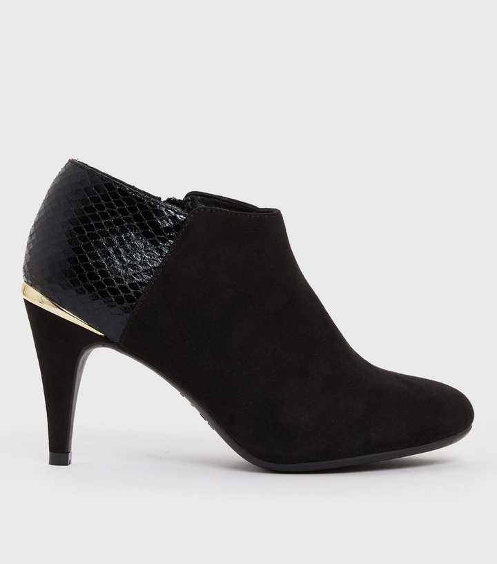Black Suedette and Faux Croc Metal Trim Stiletto Heel Shoes Boots | New Look