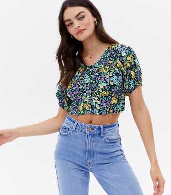 ONLY Blue Floral Button Front Crop Top
