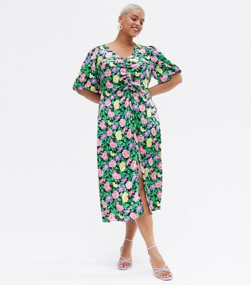 Curves Black Floral Ruched Midi Dress 