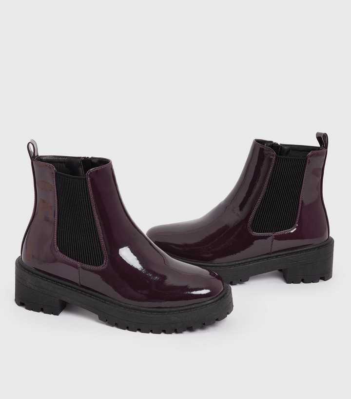 dark red patent chunky cleated chelsea boots