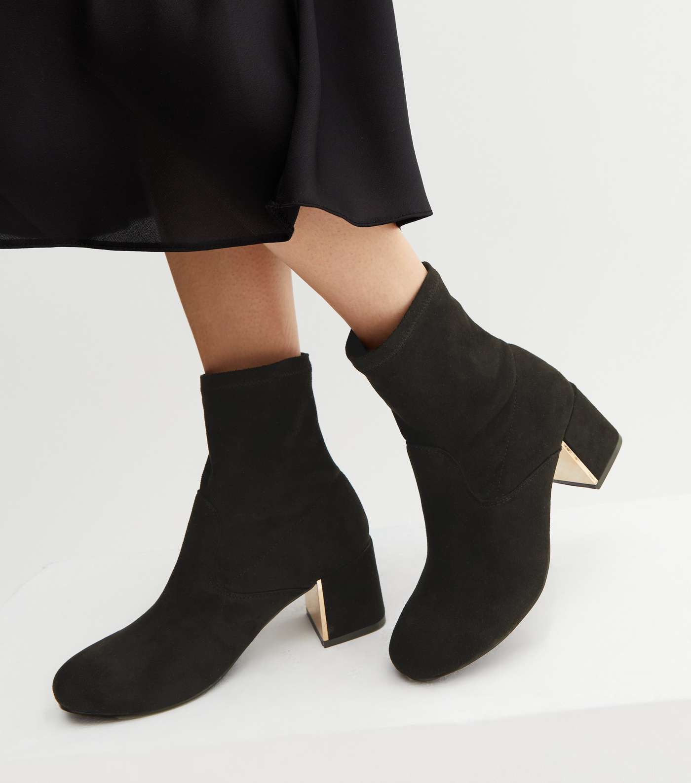 Wide Fit Black Suedette Metal Block Heel Sock Boots Image 2