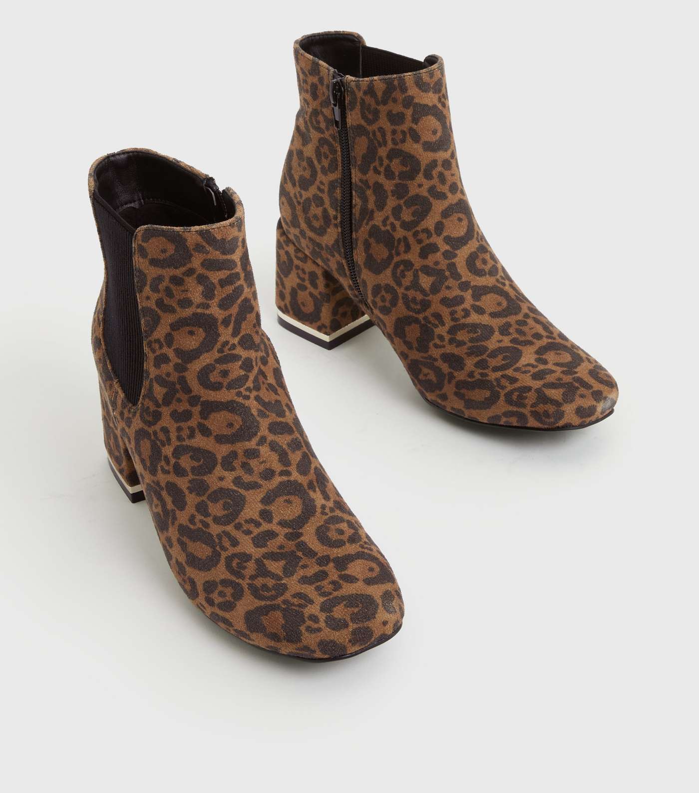 Brown Leopard Print Suedette Block Heel Sock Boots Image 3
