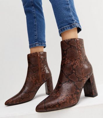 Brown Faux Snake Pointed Block Heel Ankle Boots