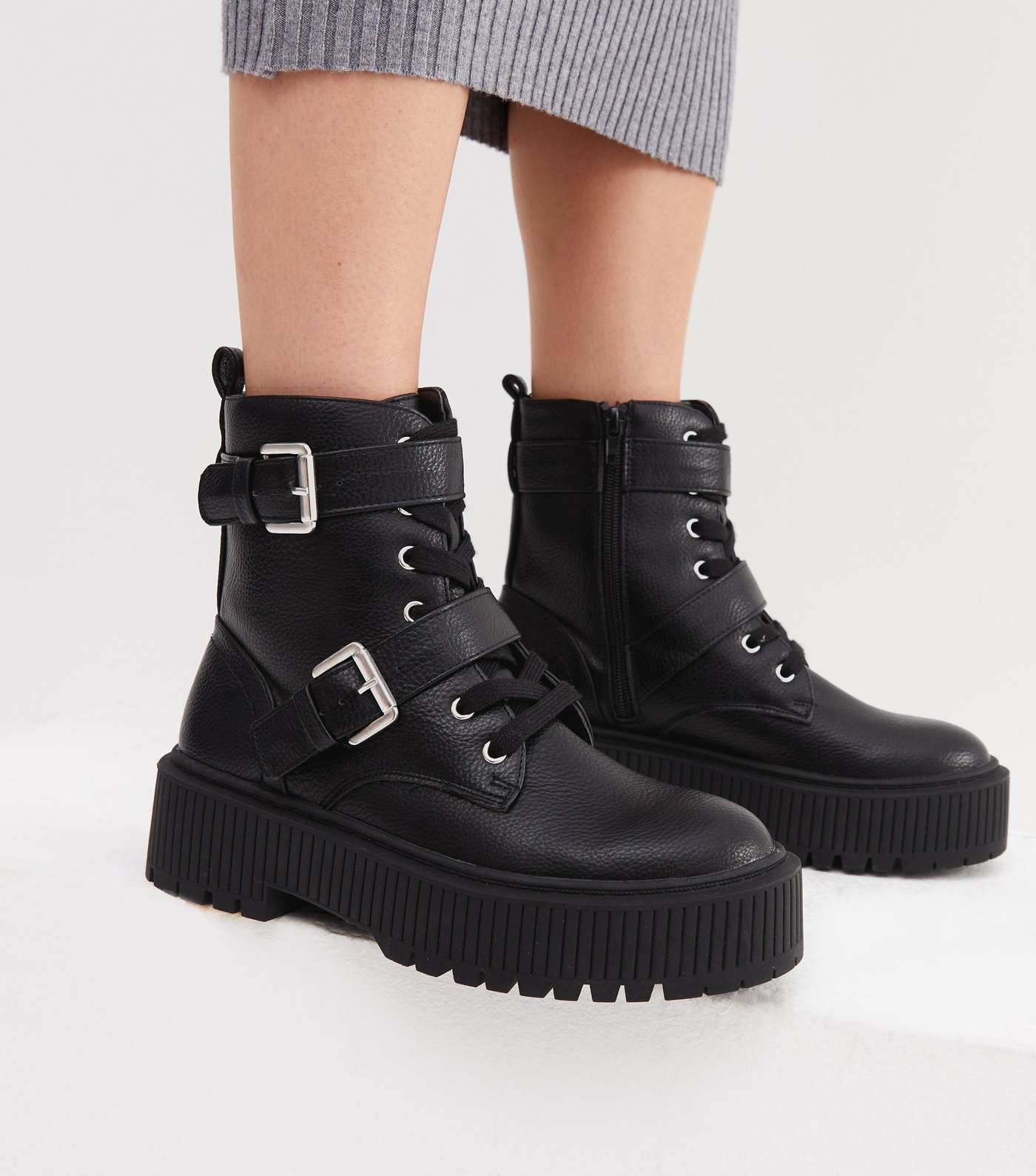 Black Buckle Lace Up Chunky Flatform Boots Image 2