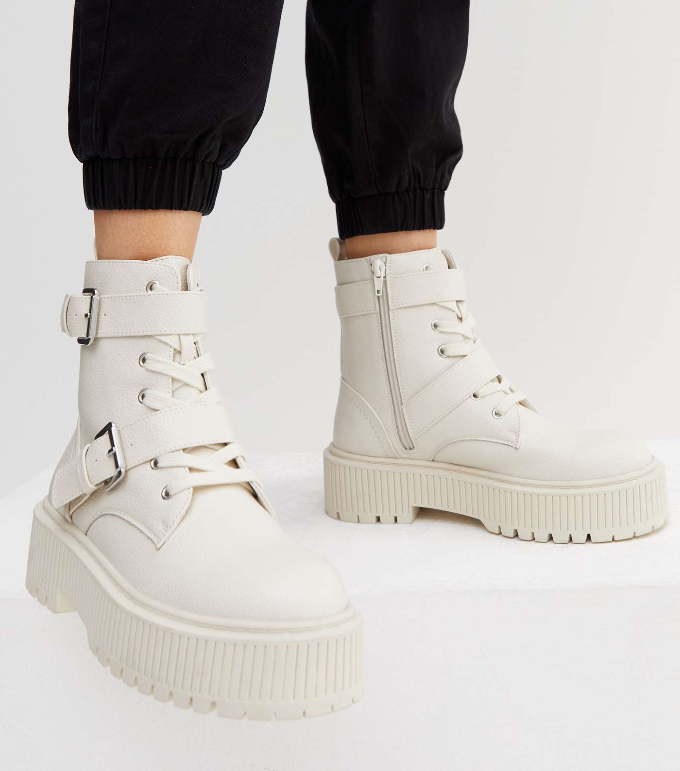 Off White Buckle Lace Up Chunky Flatform Boots Image 2