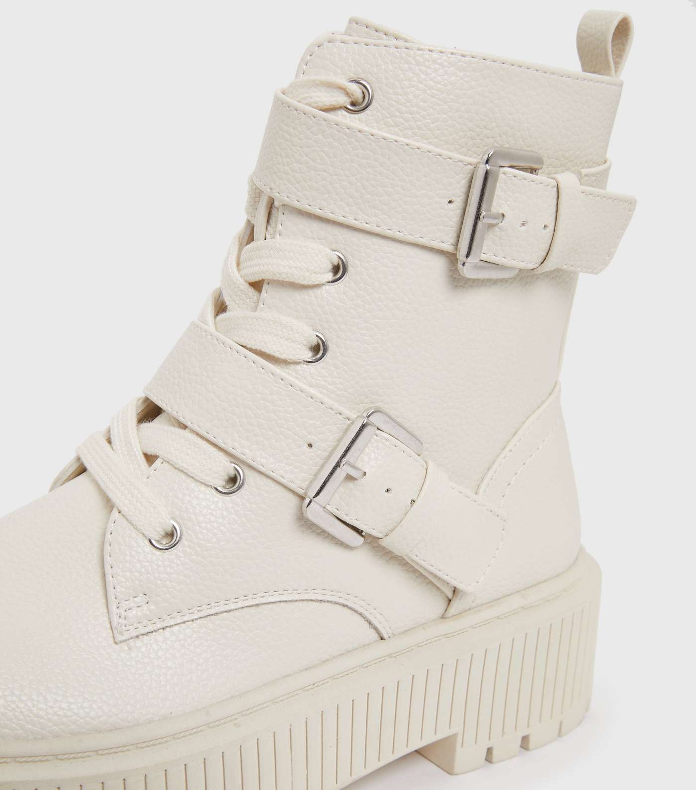Off White Buckle Lace Up Chunky Flatform Boots Image 4